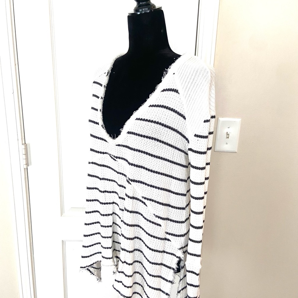 Free People Women's XS M White Black Striped Waffle Thermal Tunic Top Shirt